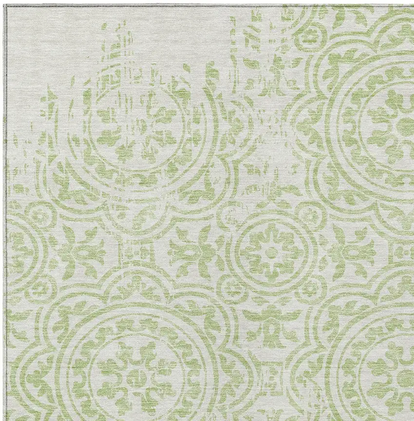 Artichoke Green And Ivory Medallion Washable Indoor Outdoor Area Rug Photo 4