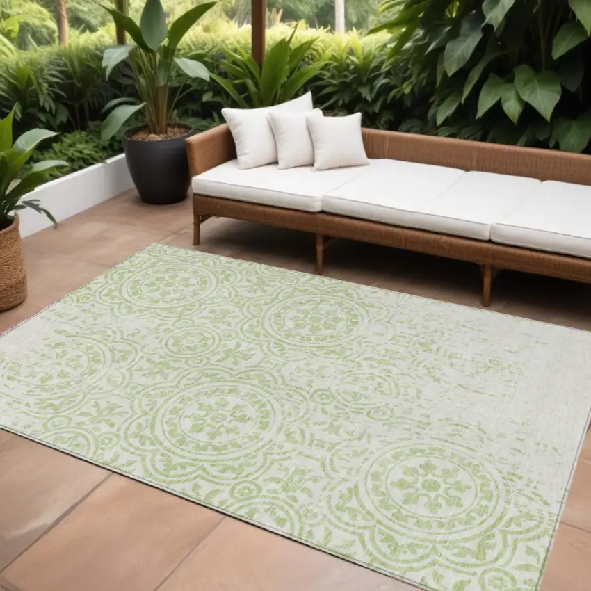 Artichoke Green And Ivory Medallion Washable Indoor Outdoor Area Rug Photo 1