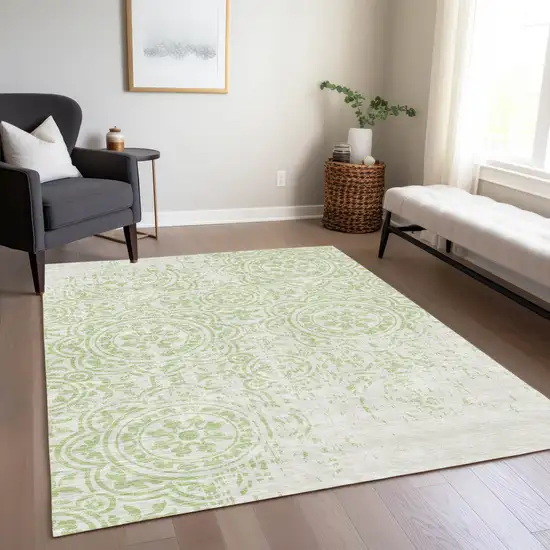 Artichoke Green And Ivory Medallion Washable Indoor Outdoor Area Rug Photo 8