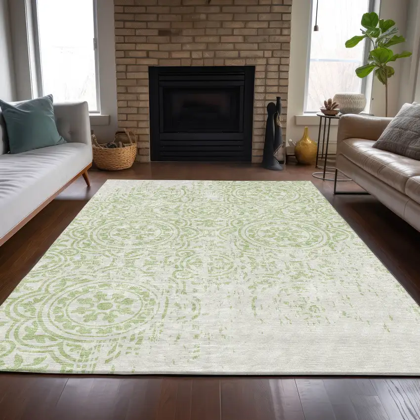 Artichoke Green And Ivory Medallion Washable Indoor Outdoor Area Rug Photo 7