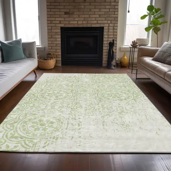 Artichoke Green And Ivory Medallion Washable Indoor Outdoor Area Rug Photo 7