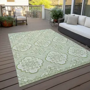Photo of Artichoke Green And Ivory Medallion Washable Indoor Outdoor Area Rug