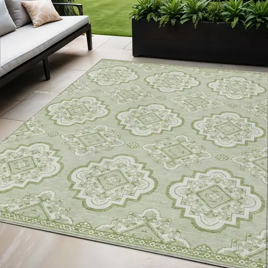 Artichoke Green And Ivory Medallion Washable Indoor Outdoor Area Rug Photo 1