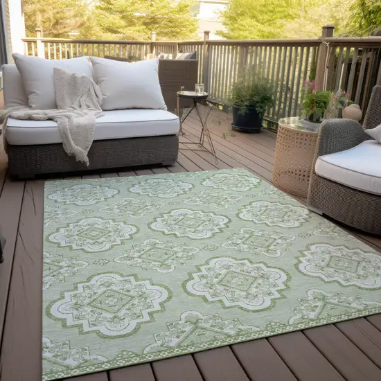 Artichoke Green And Ivory Medallion Washable Indoor Outdoor Area Rug Photo 9