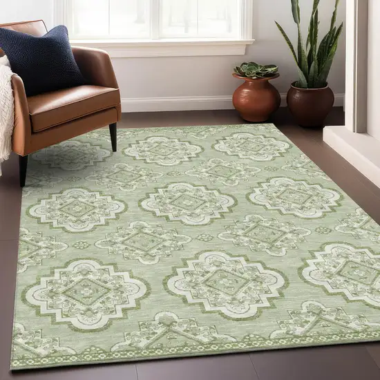 Artichoke Green And Ivory Medallion Washable Indoor Outdoor Area Rug Photo 8
