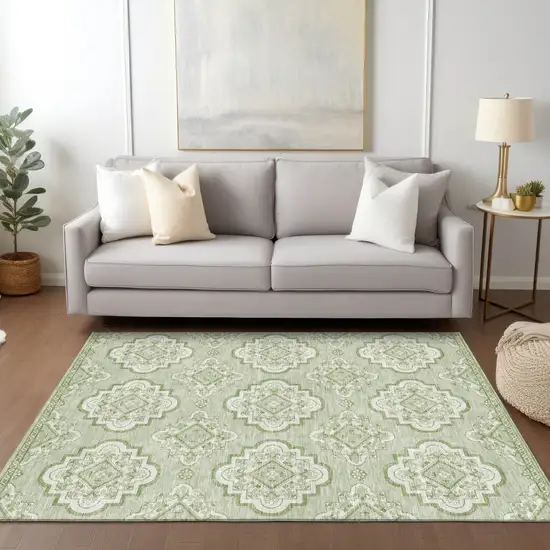 Artichoke Green And Ivory Medallion Washable Indoor Outdoor Area Rug Photo 9