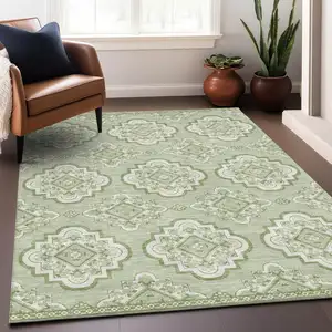 Photo of Artichoke Green And Ivory Medallion Washable Indoor Outdoor Area Rug