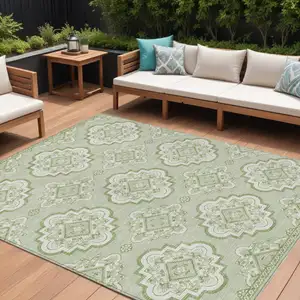 Photo of Artichoke Green And Ivory Medallion Washable Indoor Outdoor Area Rug