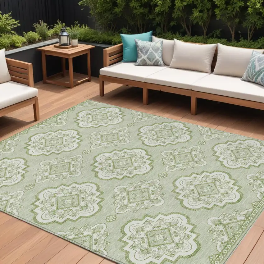 Artichoke Green And Ivory Medallion Washable Indoor Outdoor Area Rug Photo 1