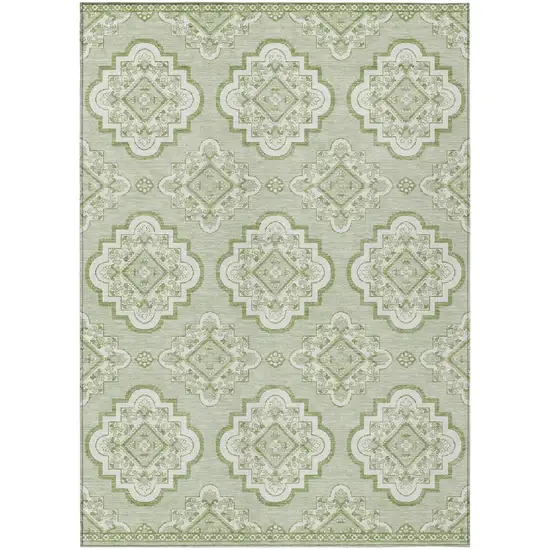 Artichoke Green And Ivory Medallion Washable Indoor Outdoor Area Rug Photo 2