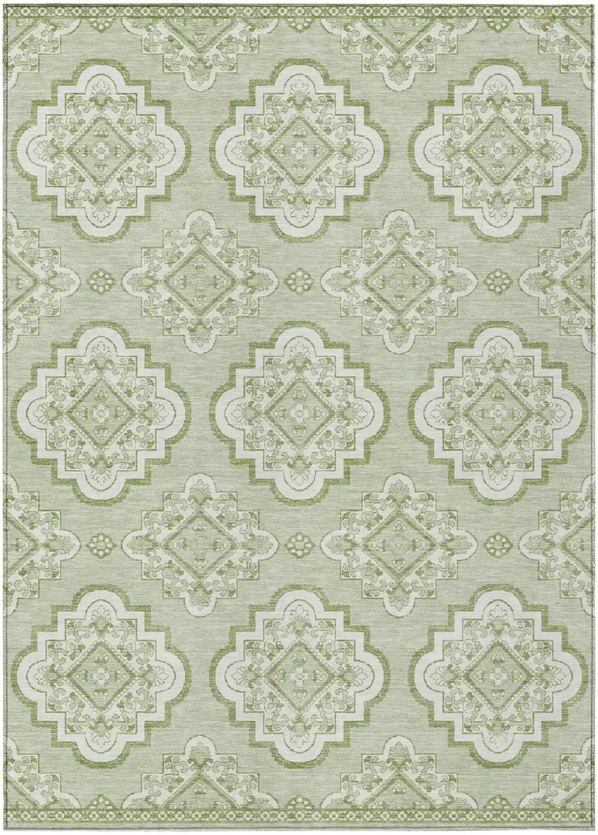 Artichoke Green And Ivory Medallion Washable Indoor Outdoor Area Rug Photo 2