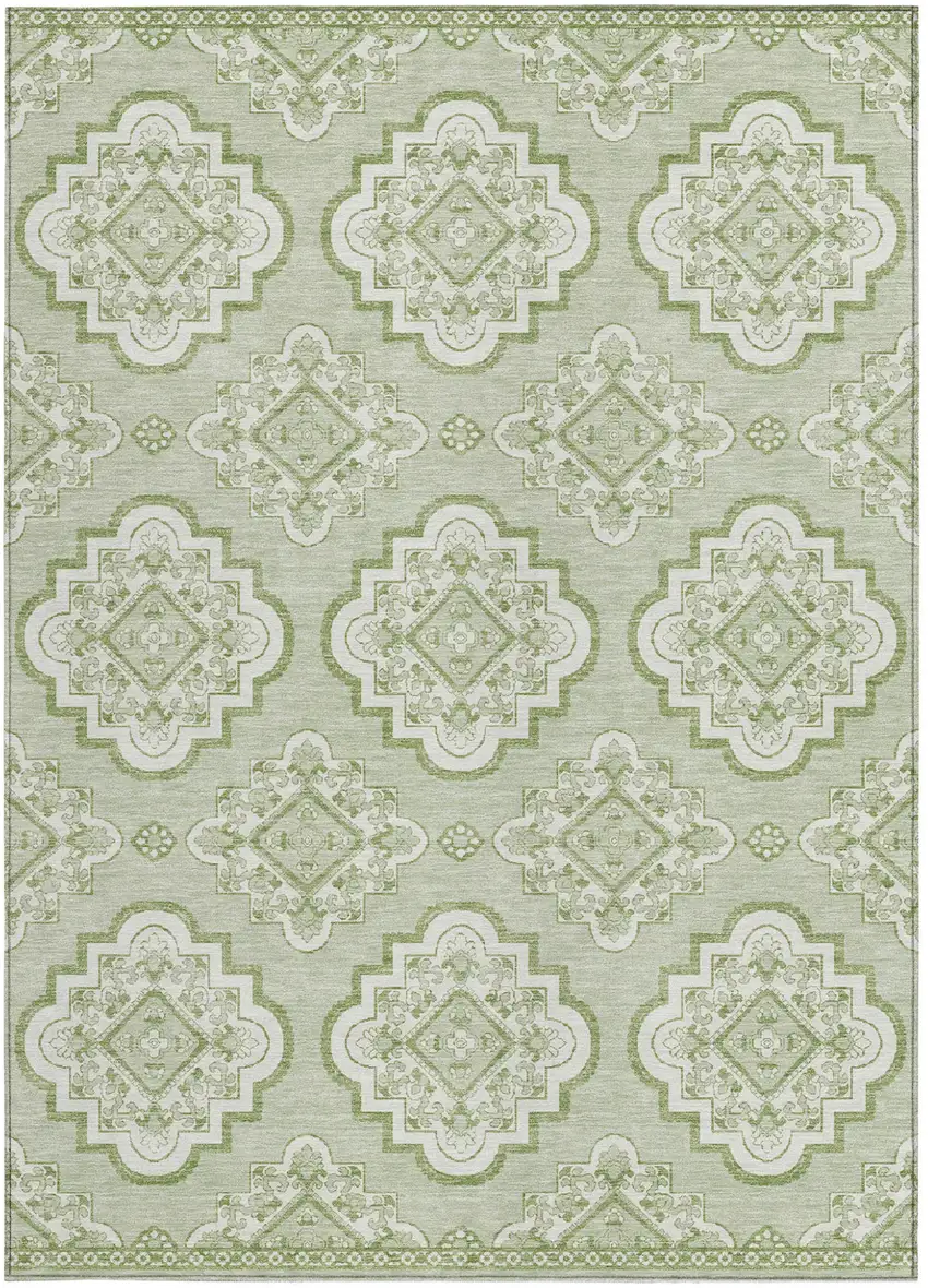 Artichoke Green And Ivory Medallion Washable Indoor Outdoor Area Rug Photo 7