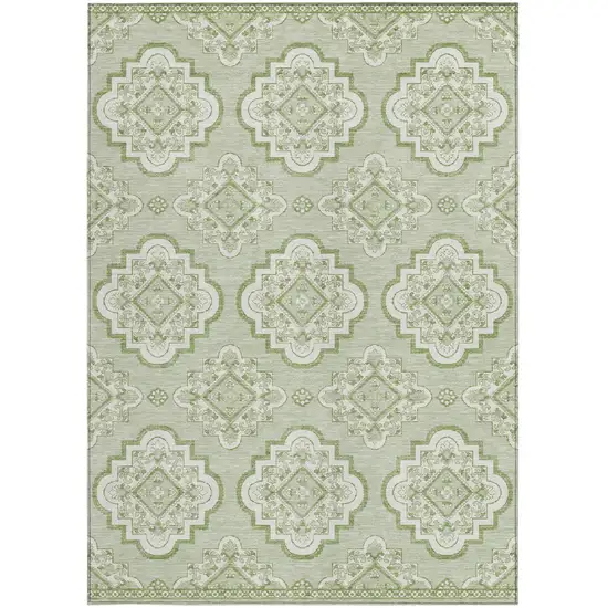 Artichoke Green And Ivory Medallion Washable Indoor Outdoor Area Rug Photo 7