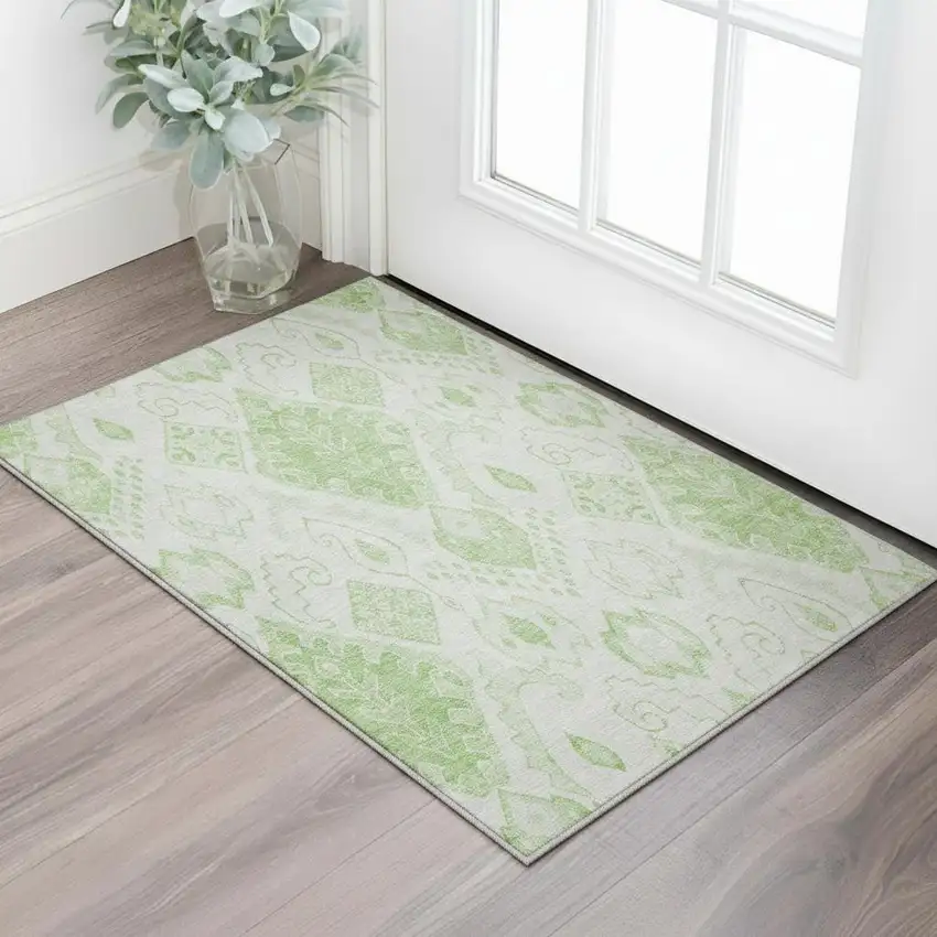 Artichoke Green And Ivory Moroccan Washable Area Rug With UV Protection Photo 2