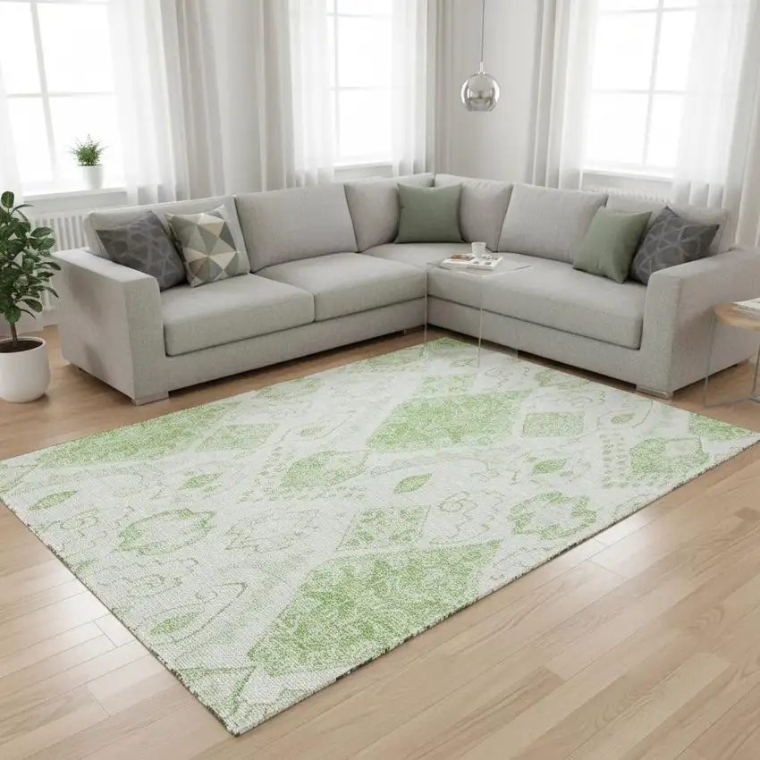 Artichoke Green And Ivory Moroccan Washable Area Rug With UV Protection Photo 2