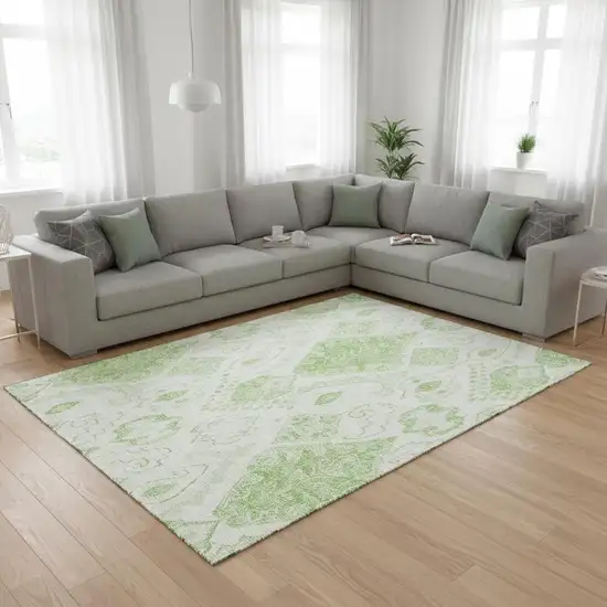 Artichoke Green And Ivory Moroccan Washable Area Rug With UV Protection Photo 2