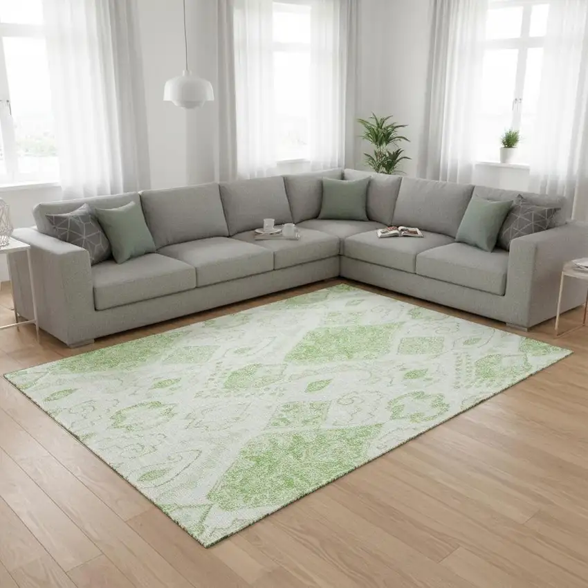 Artichoke Green And Ivory Moroccan Washable Area Rug With UV Protection Photo 2