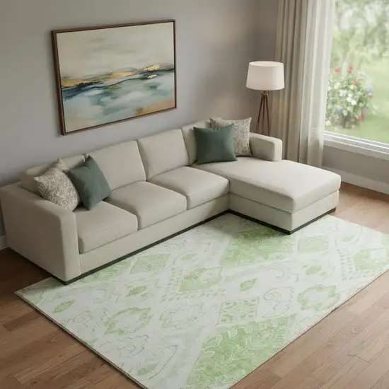 Artichoke Green And Ivory Moroccan Washable Area Rug With UV Protection Photo 1