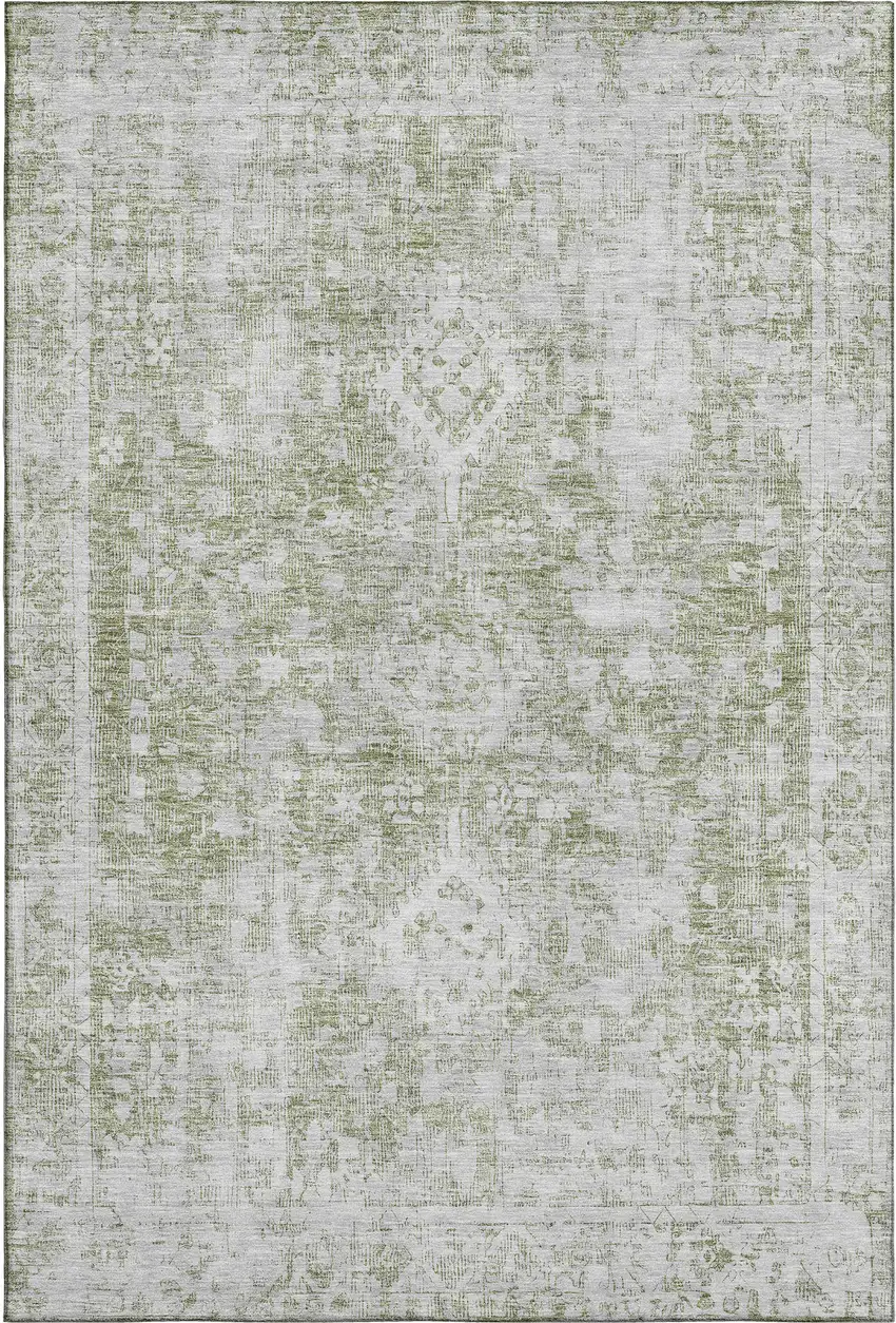 Artichoke Green And Ivory Oriental Washable Area Rug With UV Protection Photo 1