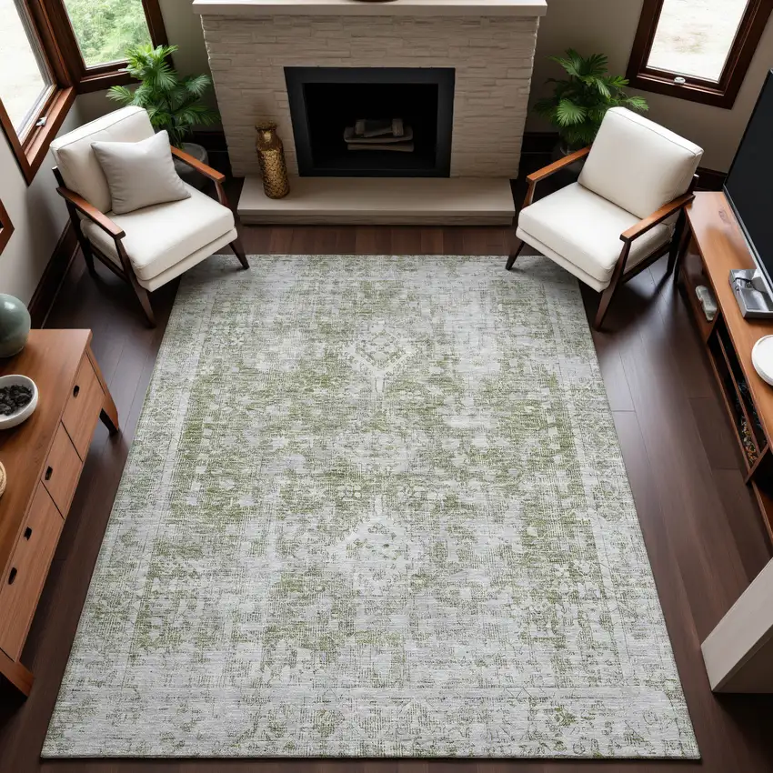 Artichoke Green And Ivory Oriental Washable Area Rug With UV Protection Photo 5