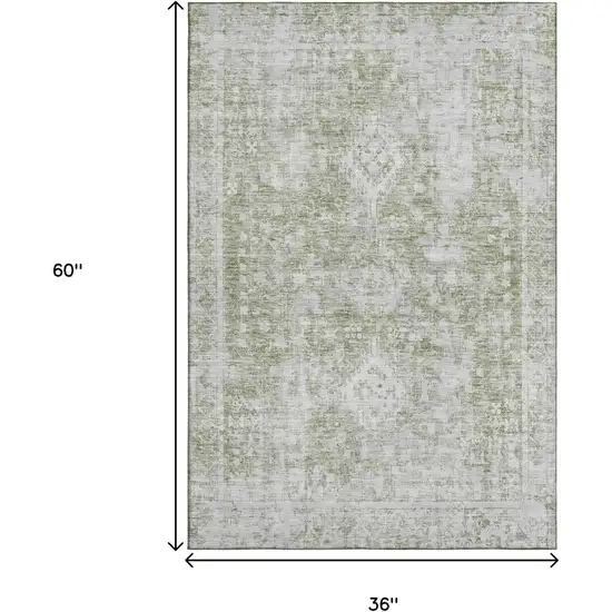 Artichoke Green And Ivory Oriental Washable Area Rug With UV Protection Photo 3