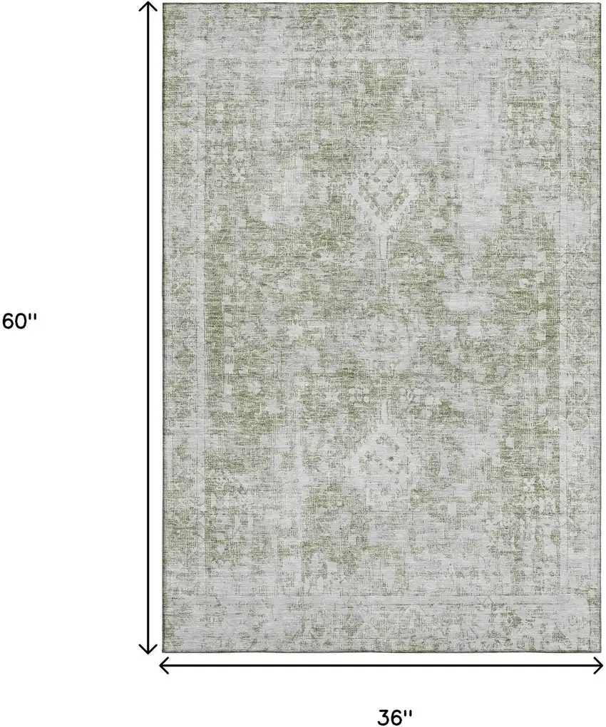 Artichoke Green And Ivory Oriental Washable Area Rug With UV Protection Photo 3