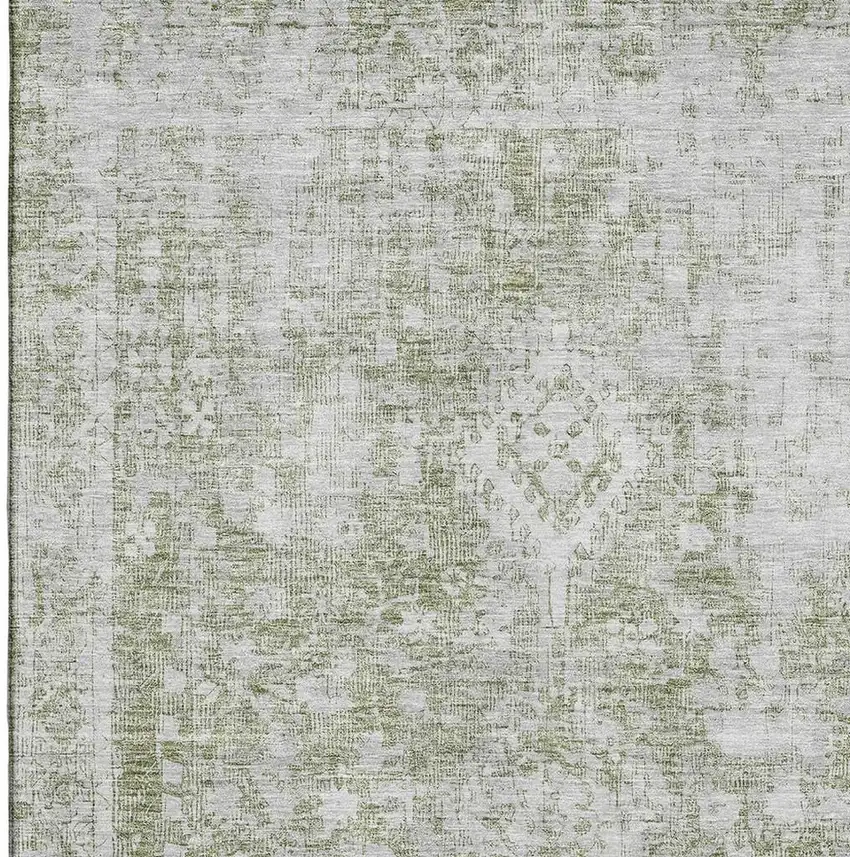 Artichoke Green And Ivory Oriental Washable Area Rug With UV Protection Photo 2