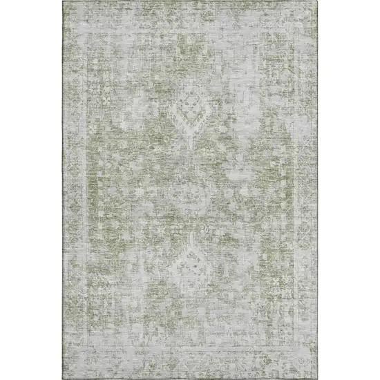 Artichoke Green And Ivory Oriental Washable Area Rug With UV Protection Photo 1