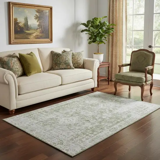 Artichoke Green And Ivory Oriental Washable Area Rug With UV Protection Photo 2