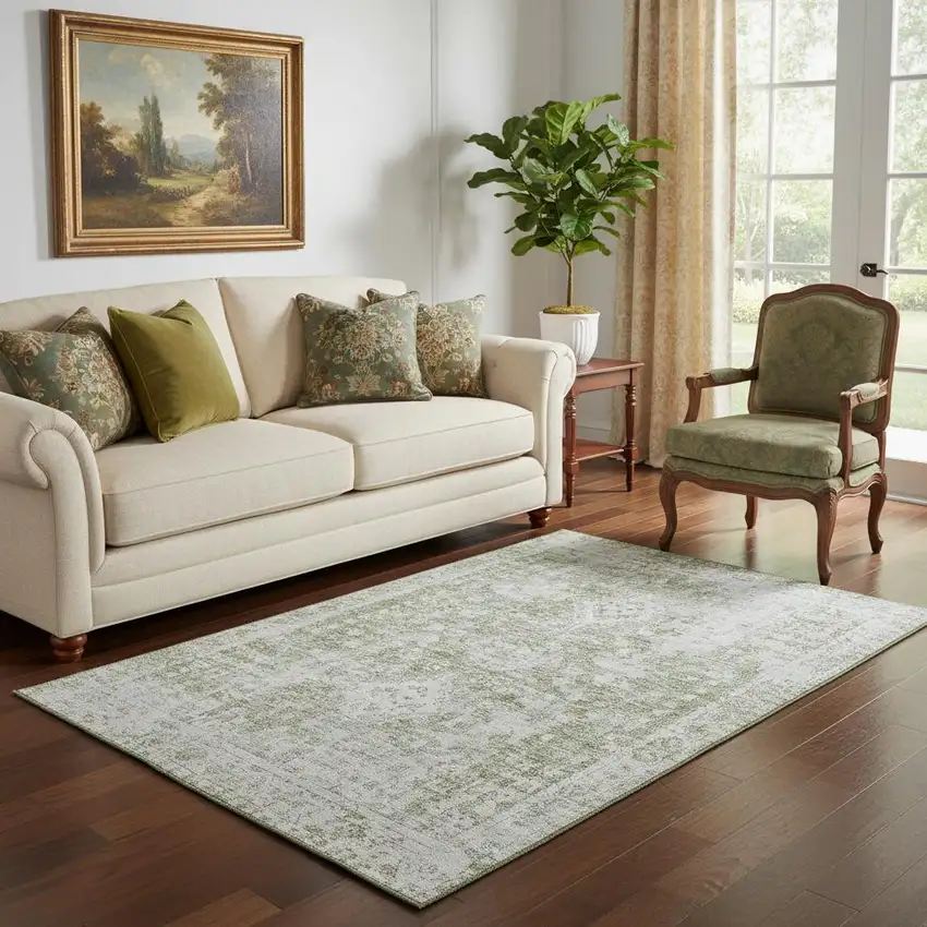 Artichoke Green And Ivory Oriental Washable Area Rug With UV Protection Photo 2