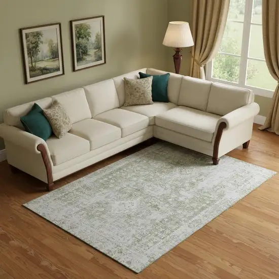 Artichoke Green And Ivory Oriental Washable Area Rug With UV Protection Photo 2