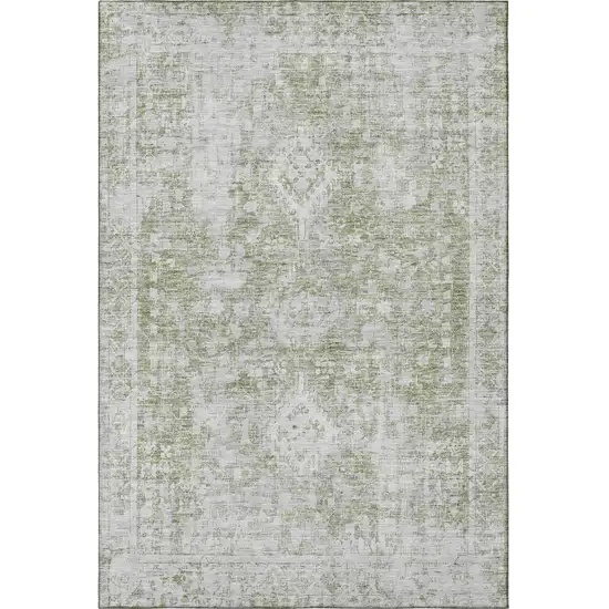 Artichoke Green And Ivory Oriental Washable Area Rug With UV Protection Photo 3