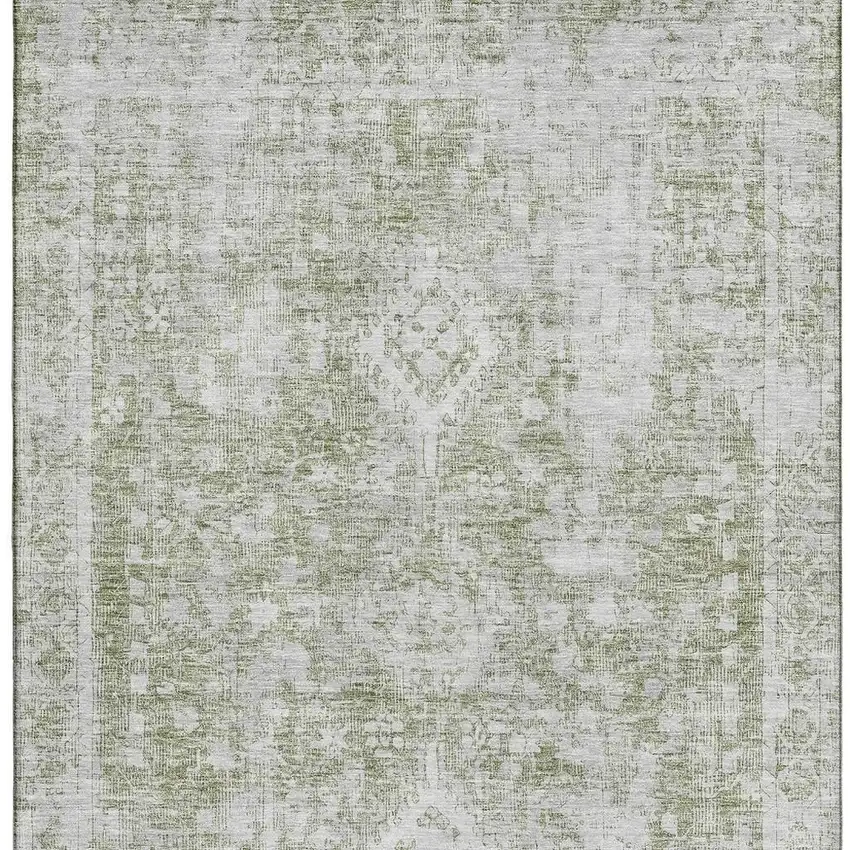 Artichoke Green And Ivory Oriental Washable Area Rug With UV Protection Photo 2