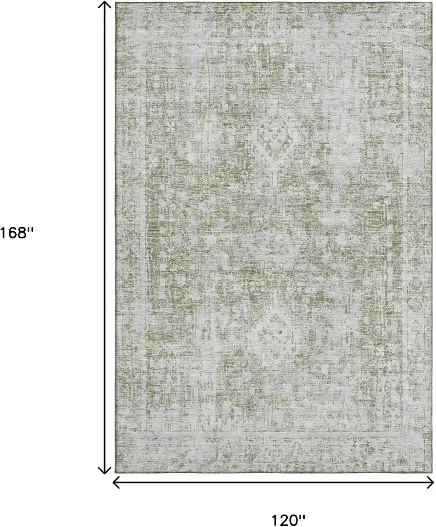 Artichoke Green And Ivory Oriental Washable Area Rug With UV Protection Photo 9