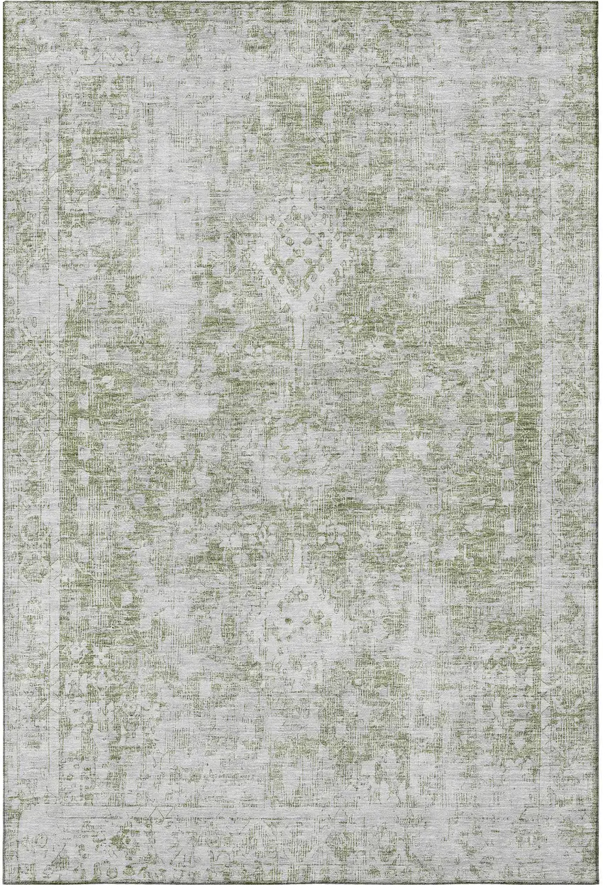 Artichoke Green And Ivory Oriental Washable Area Rug With UV Protection Photo 2