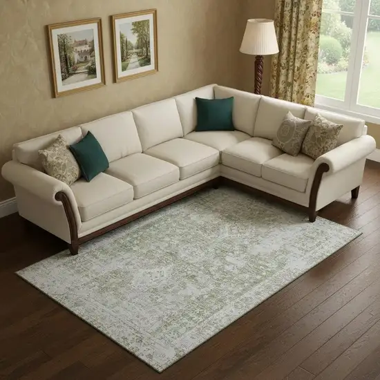 Artichoke Green And Ivory Oriental Washable Area Rug With UV Protection Photo 2