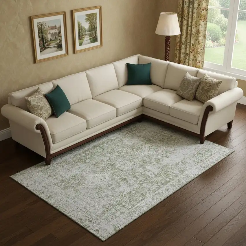 Artichoke Green And Ivory Oriental Washable Area Rug With UV Protection Photo 2