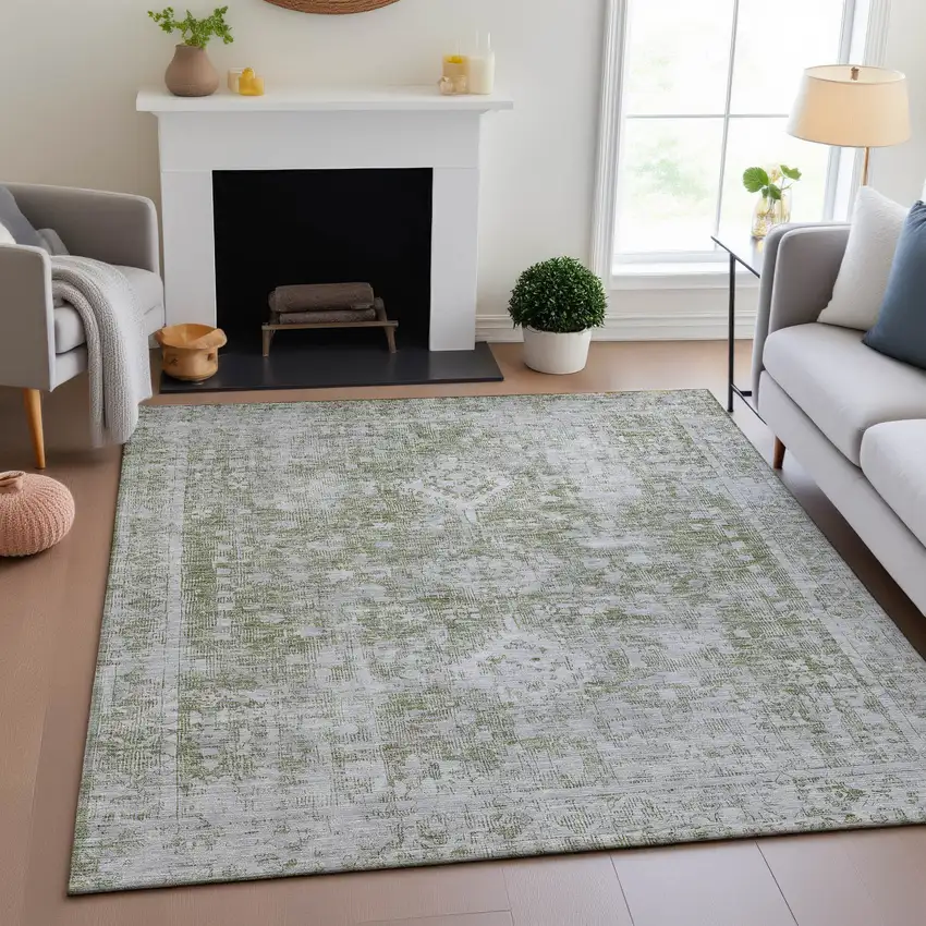 Artichoke Green And Ivory Oriental Washable Area Rug With UV Protection Photo 3