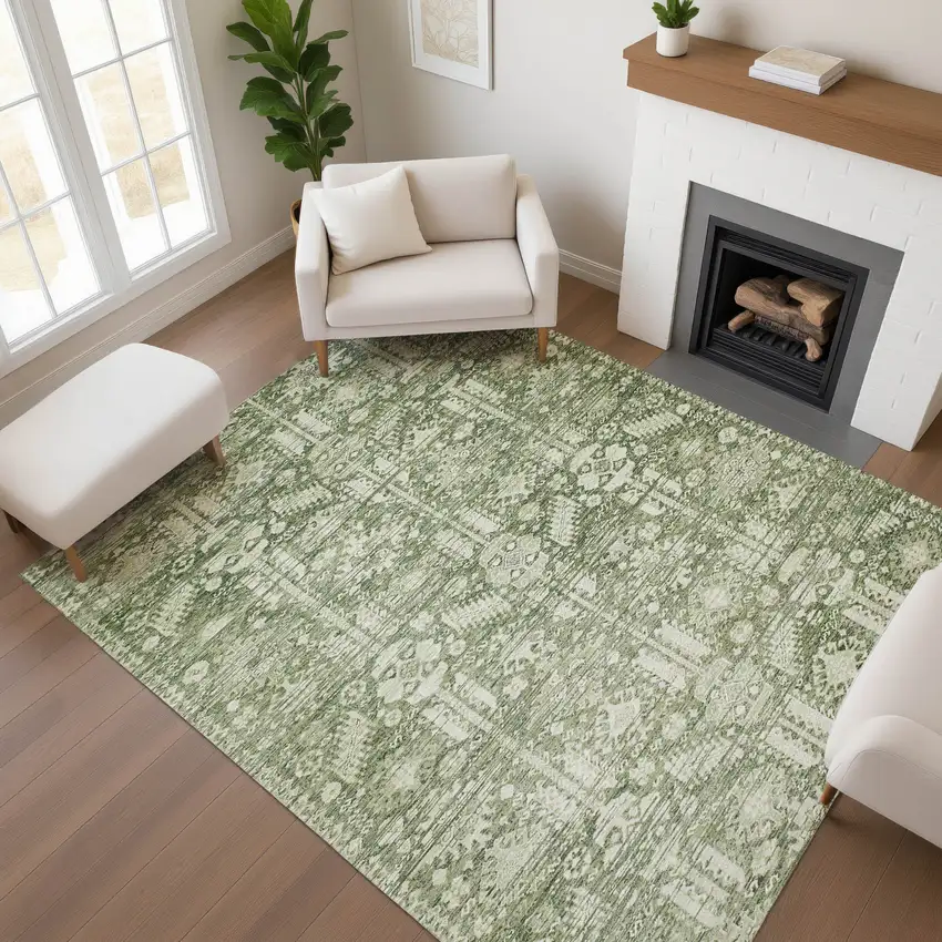 Artichoke Green And Ivory Oriental Washable Area Rug With UV Protection Photo 4