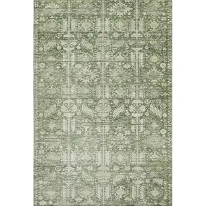 Photo of Artichoke Green And Ivory Oriental Washable Area Rug With UV Protection