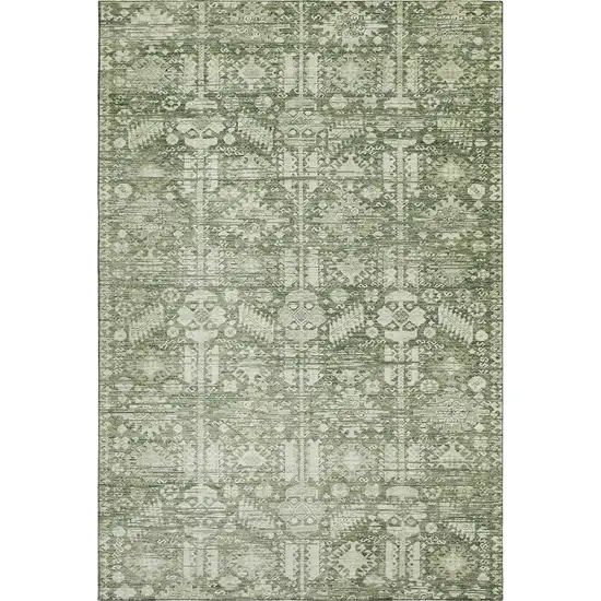 Artichoke Green And Ivory Oriental Washable Area Rug With UV Protection Photo 1