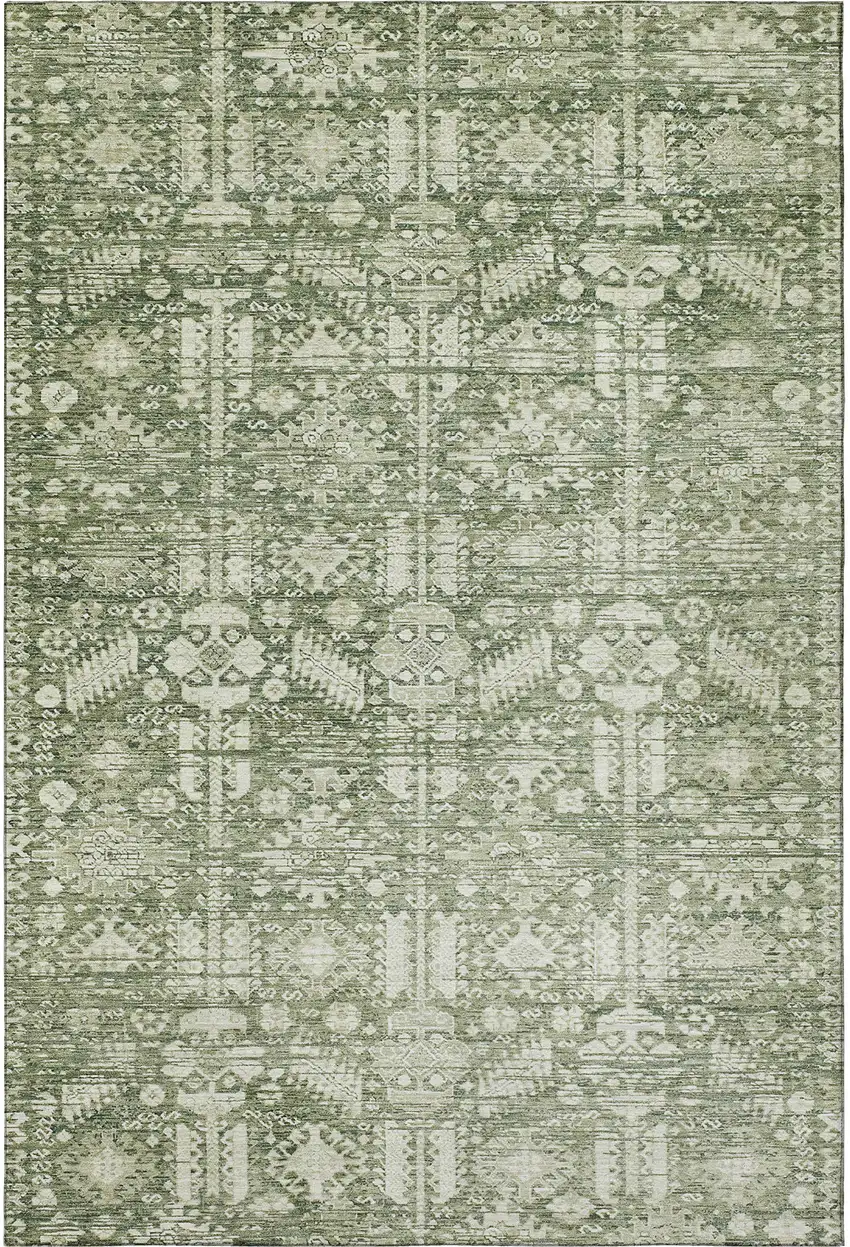 Artichoke Green And Ivory Oriental Washable Area Rug With UV Protection Photo 3