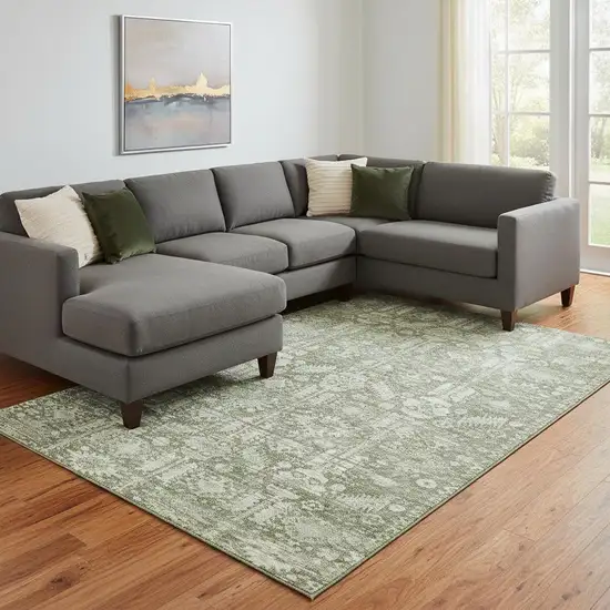 Artichoke Green And Ivory Oriental Washable Area Rug With UV Protection Photo 2