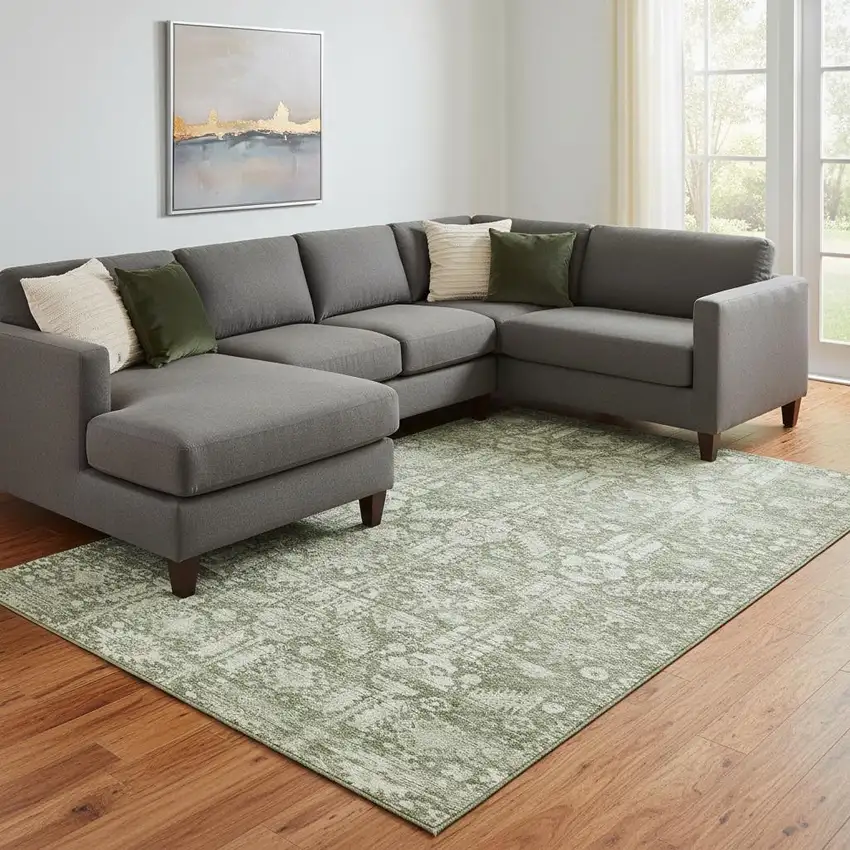 Artichoke Green And Ivory Oriental Washable Area Rug With UV Protection Photo 2