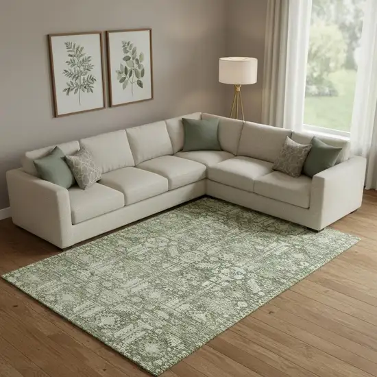 Artichoke Green And Ivory Oriental Washable Area Rug With UV Protection Photo 2