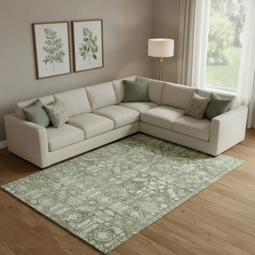 Artichoke Green And Ivory Oriental Washable Area Rug With UV Protection Photo 2