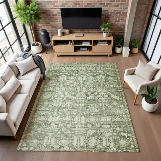 Artichoke Green And Ivory Oriental Washable Area Rug With UV Protection Photo 5