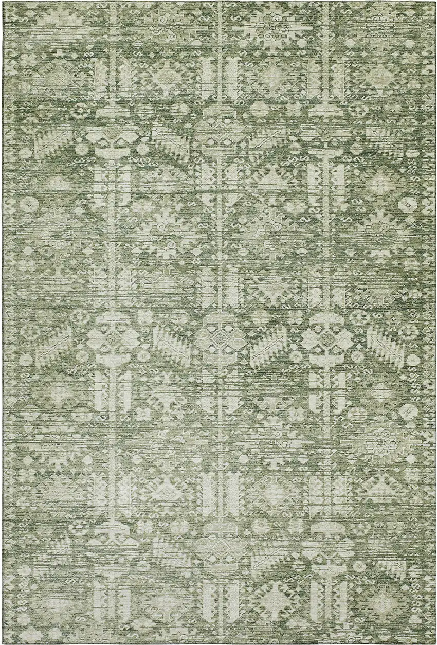 Artichoke Green And Ivory Oriental Washable Area Rug With UV Protection Photo 1