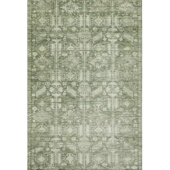 Artichoke Green And Ivory Oriental Washable Area Rug With UV Protection Photo 3