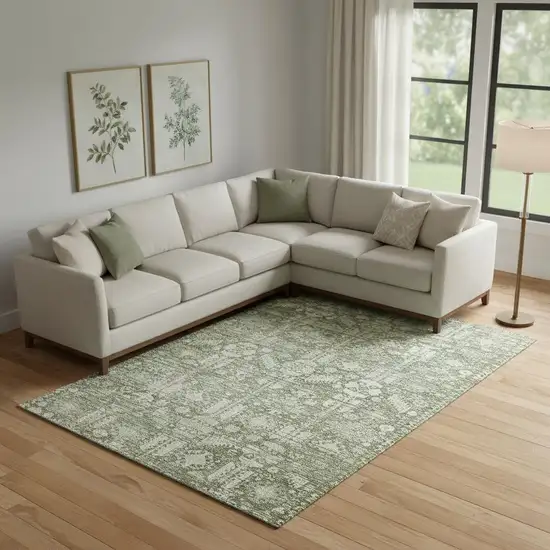 Artichoke Green And Ivory Oriental Washable Area Rug With UV Protection Photo 2